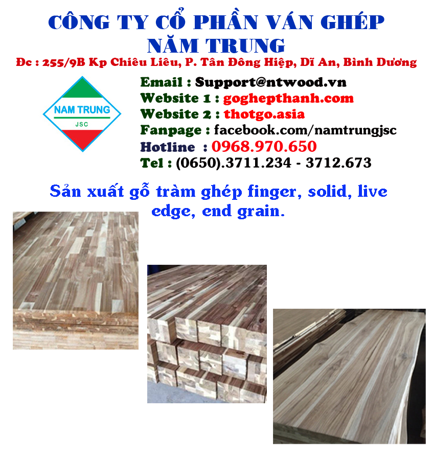 Công ty sản xuất gỗ tràm ghép finger, solid, live edge, end grain
